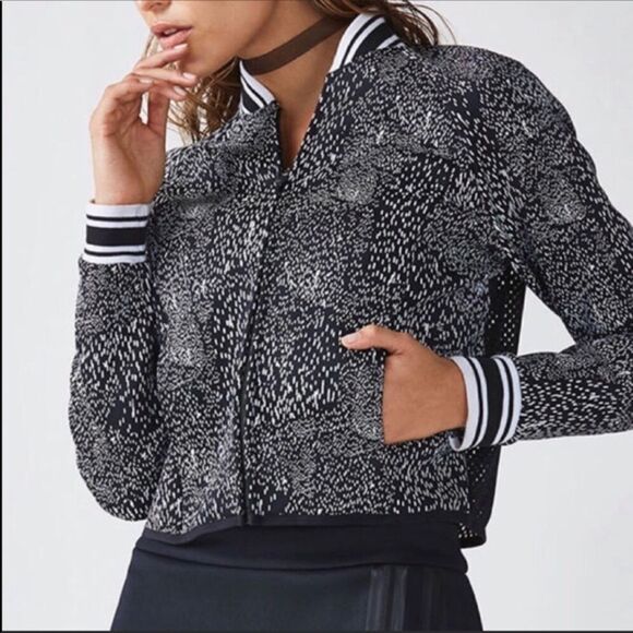 Fabletics Mash Bomber Jacket Small Black White New Womens - Picture 1 of 6